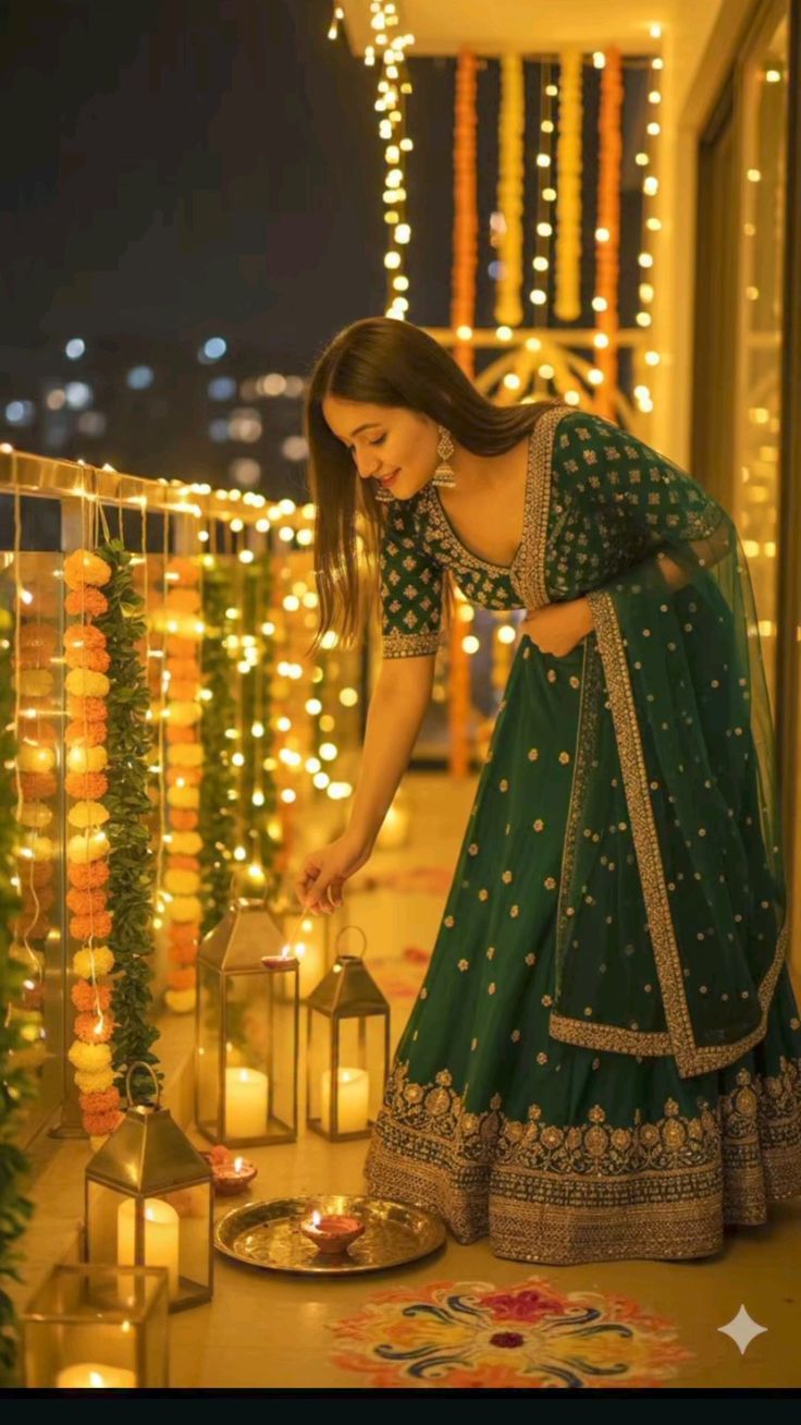 Emerald green festive lehenga styled with gold jewellery for Diwali