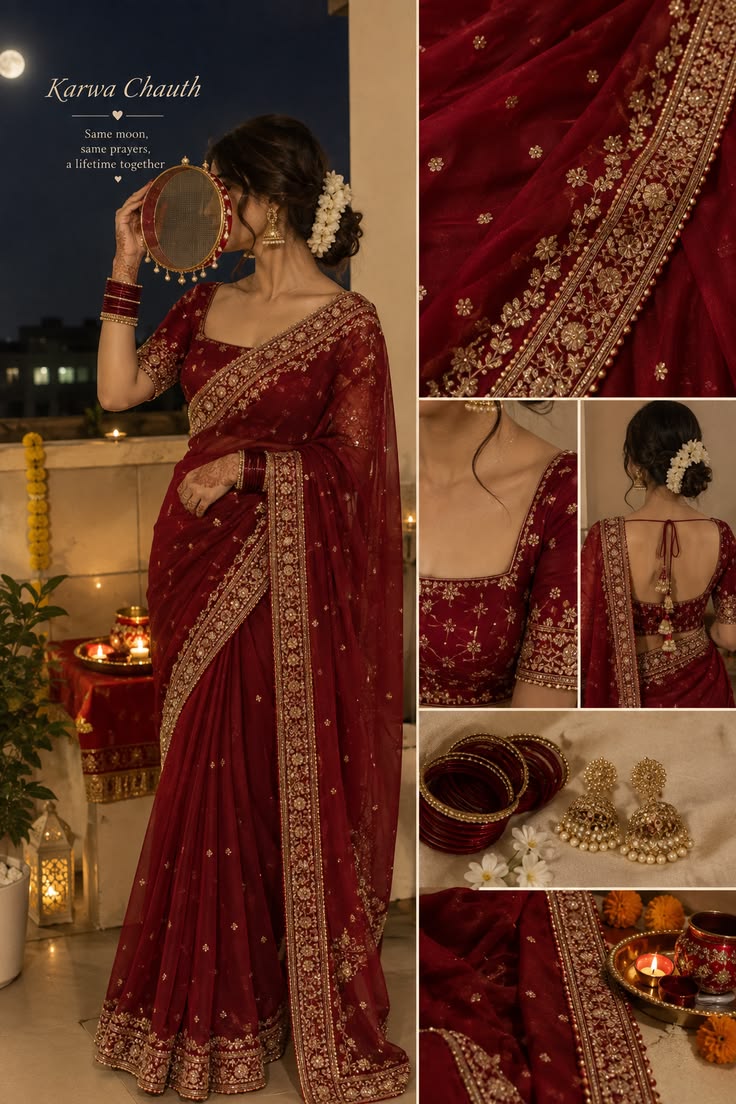 Elegant deep red saree styled with traditional jewellery for Karwa Chauth