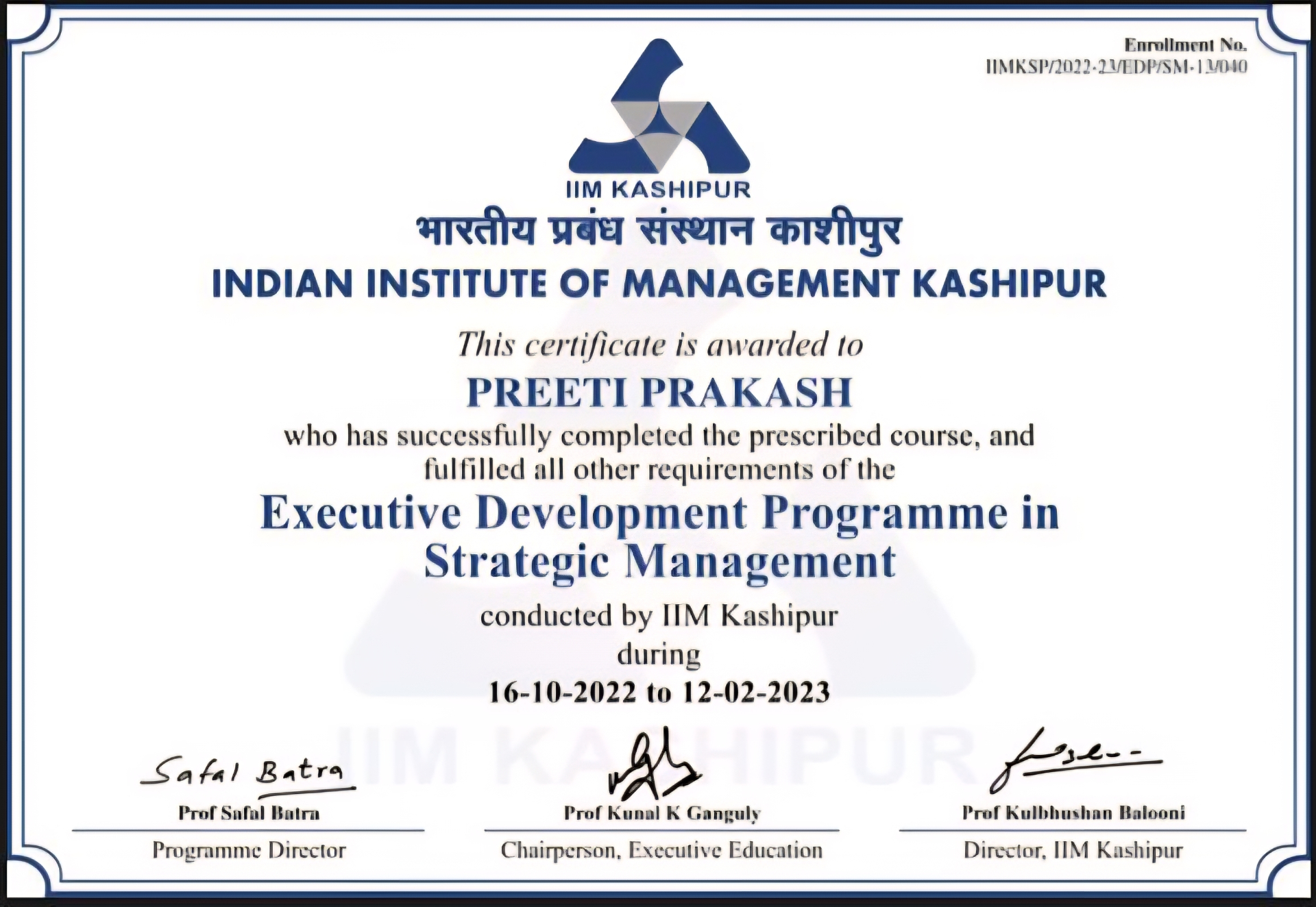 IIM Kashipur — Executive Development Programme in Strategic Management certificate awarded to Preeti Prakash