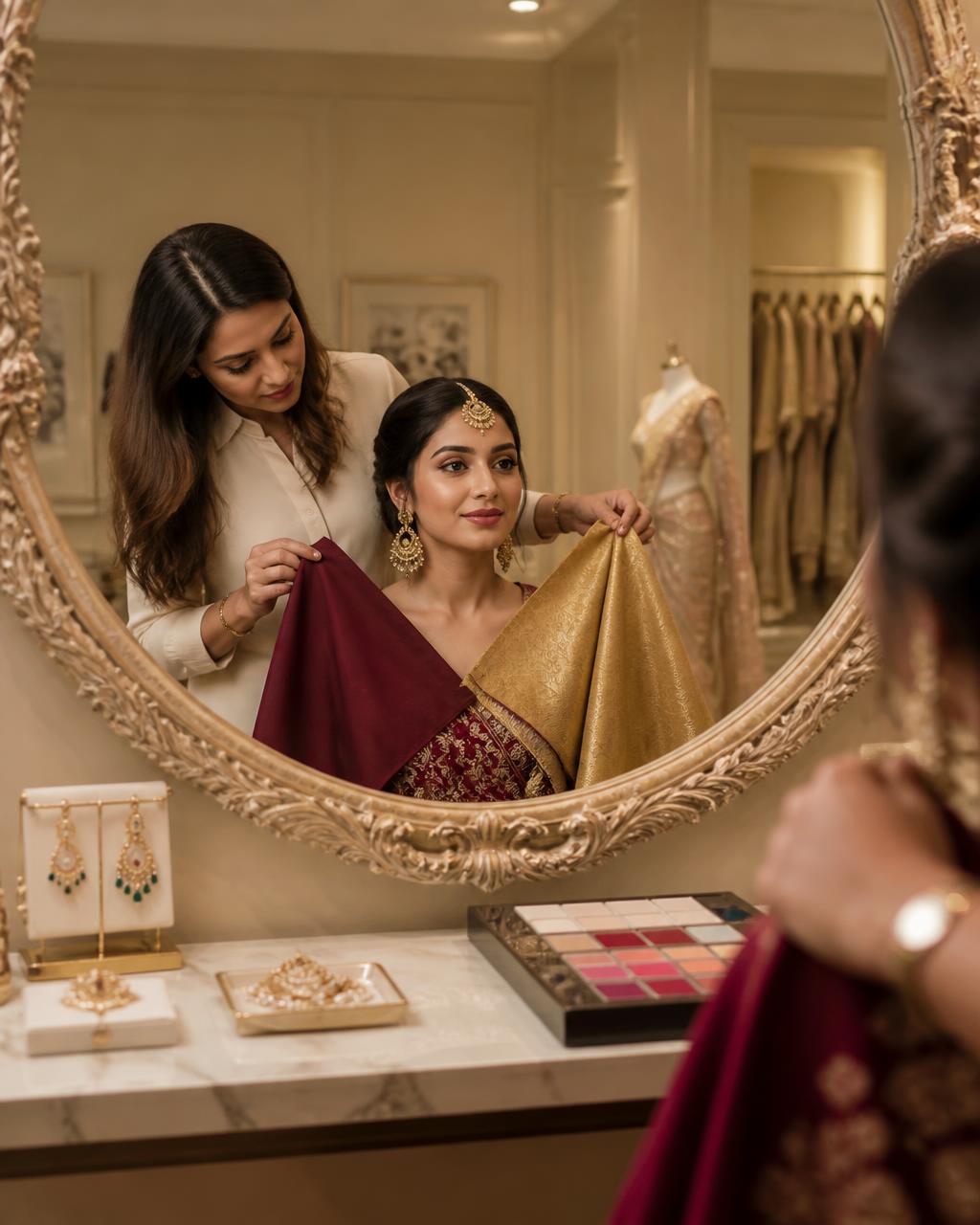 Luxury styling studio consultation with festive colour drapes and accessories